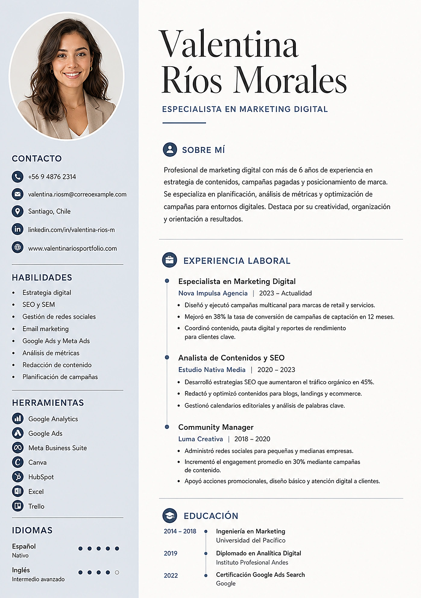 Ejemplo de currículum profesional de Valentina Ríos Morales